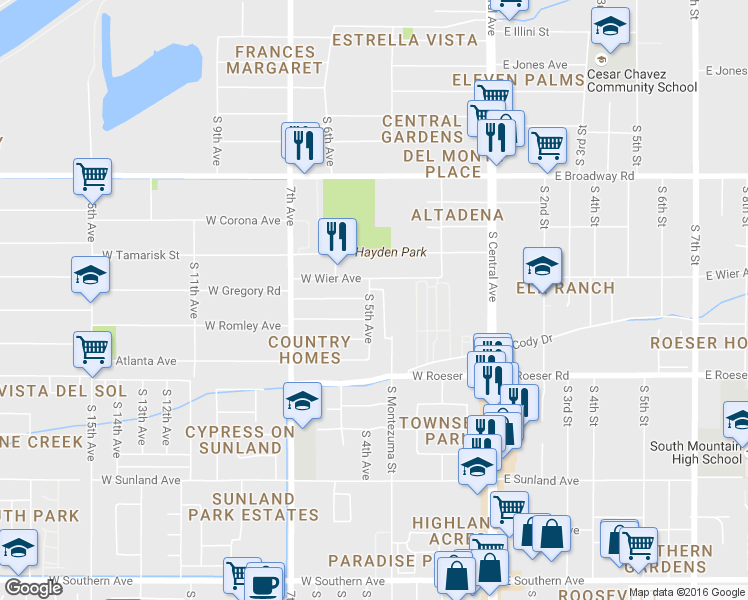 map of restaurants, bars, coffee shops, grocery stores, and more near 4825 South 5th Avenue in Phoenix