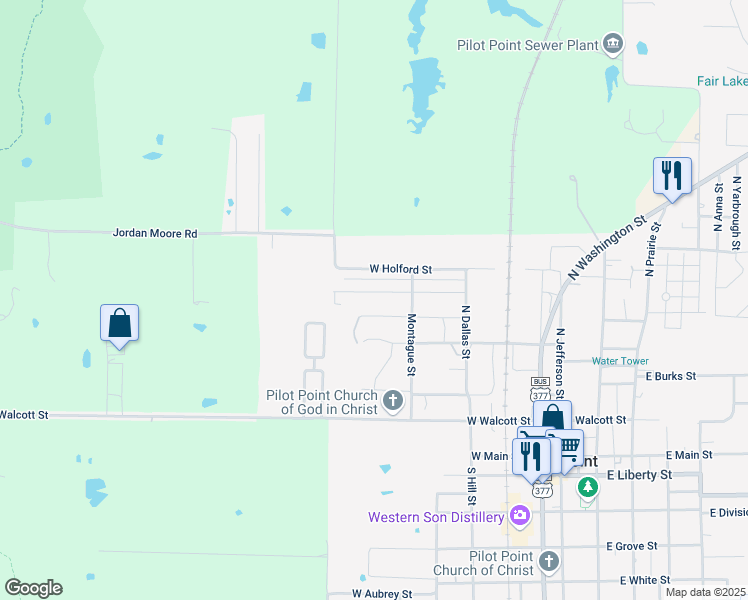 map of restaurants, bars, coffee shops, grocery stores, and more near 648 Gould Street in Pilot Point