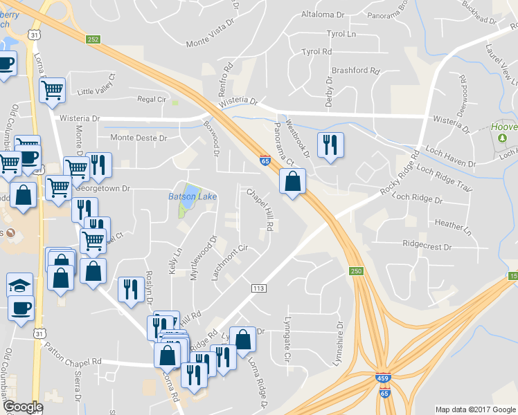 map of restaurants, bars, coffee shops, grocery stores, and more near 2268 Chapel Hill Road in Birmingham