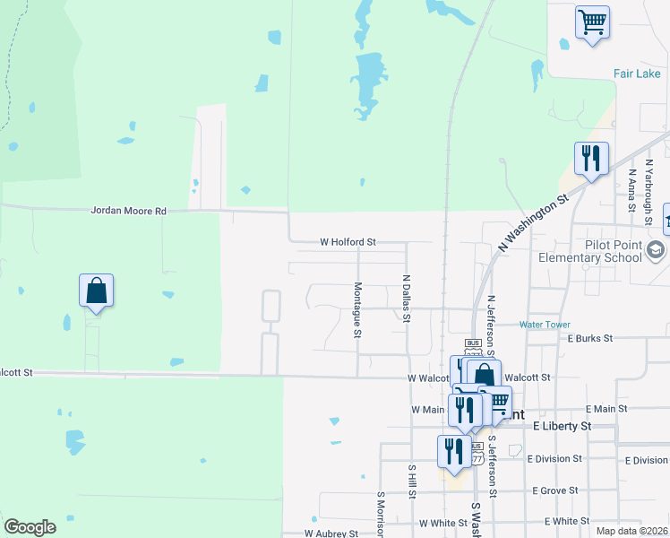 map of restaurants, bars, coffee shops, grocery stores, and more near 608 Gould Street in Pilot Point
