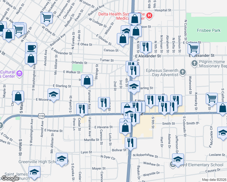 map of restaurants, bars, coffee shops, grocery stores, and more near 417 1st Street in Greenville