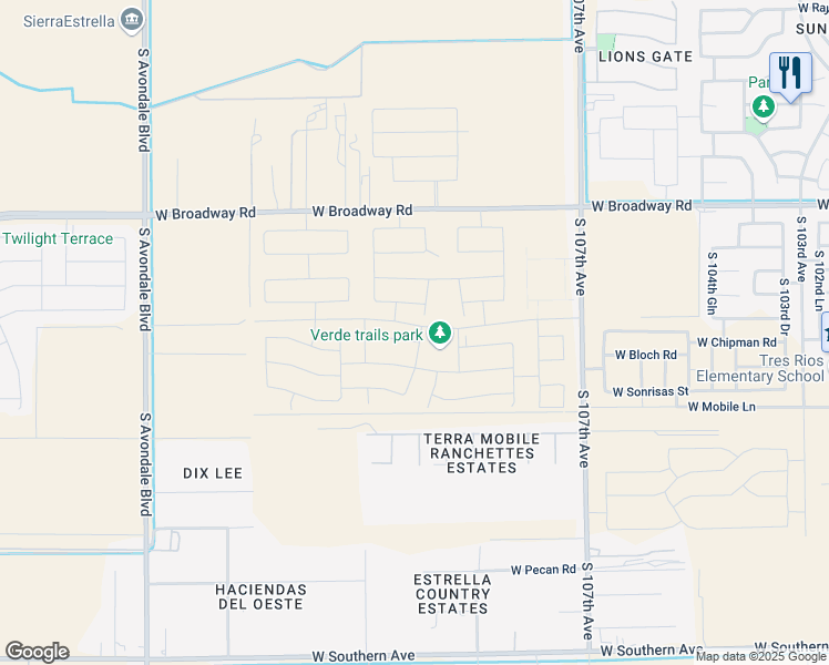 map of restaurants, bars, coffee shops, grocery stores, and more near 10709 West Broadway Road in Tolleson