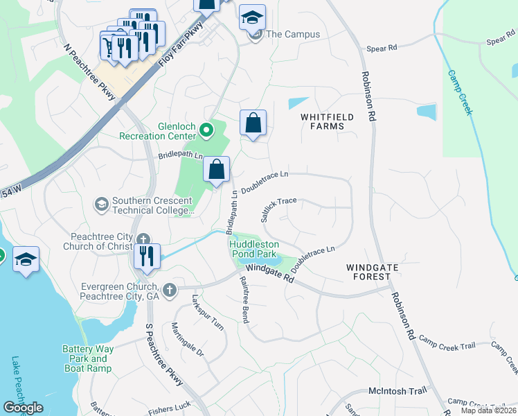 map of restaurants, bars, coffee shops, grocery stores, and more near 505 Bridlepath Lane in Peachtree City