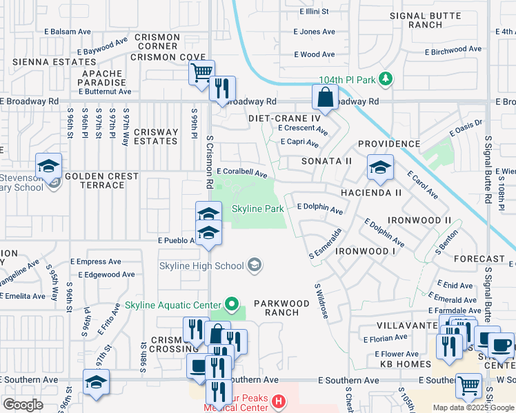 map of restaurants, bars, coffee shops, grocery stores, and more near 655 South Crismon Road in Mesa