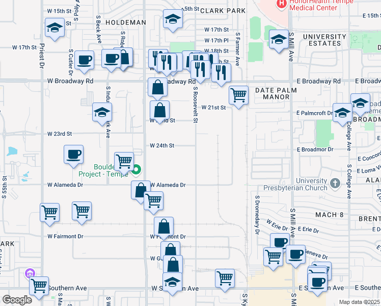 map of restaurants, bars, coffee shops, grocery stores, and more near 2400 S Roosevelt St in Tempe