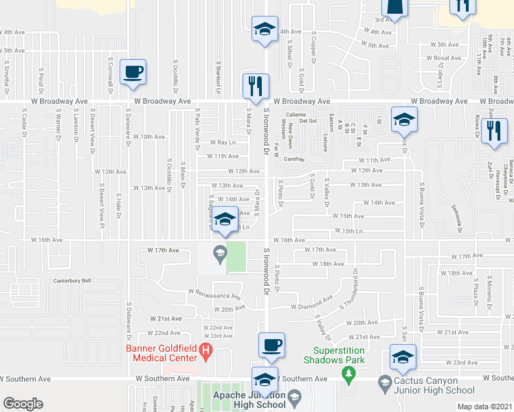 map of restaurants, bars, coffee shops, grocery stores, and more near 1446 South Mara Drive in Apache Junction