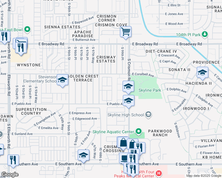 map of restaurants, bars, coffee shops, grocery stores, and more near 716 South 99th Street in Mesa