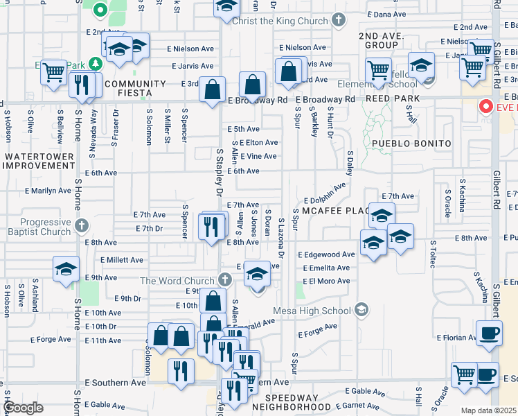 map of restaurants, bars, coffee shops, grocery stores, and more near 718 South Doran in Mesa