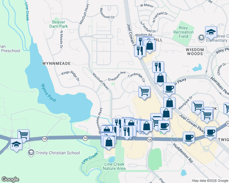 map of restaurants, bars, coffee shops, grocery stores, and more near 101 Saint Albans Way in Peachtree City