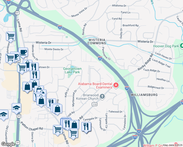 map of restaurants, bars, coffee shops, grocery stores, and more near 3241 Warringwood Drive in Birmingham