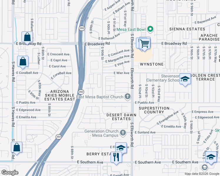 map of restaurants, bars, coffee shops, grocery stores, and more near 652 South Ellsworth Road in Mesa