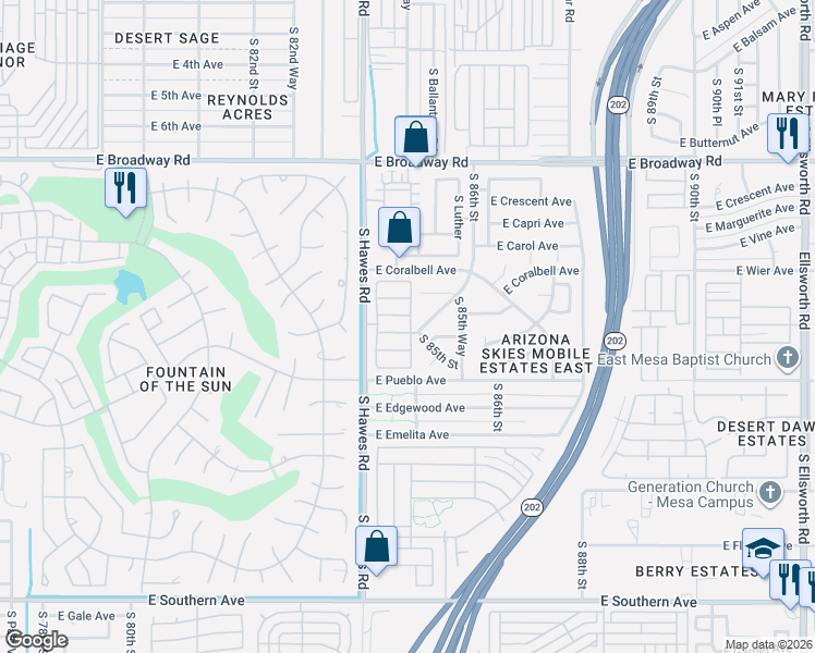 map of restaurants, bars, coffee shops, grocery stores, and more near 713 South 85th Street in Mesa