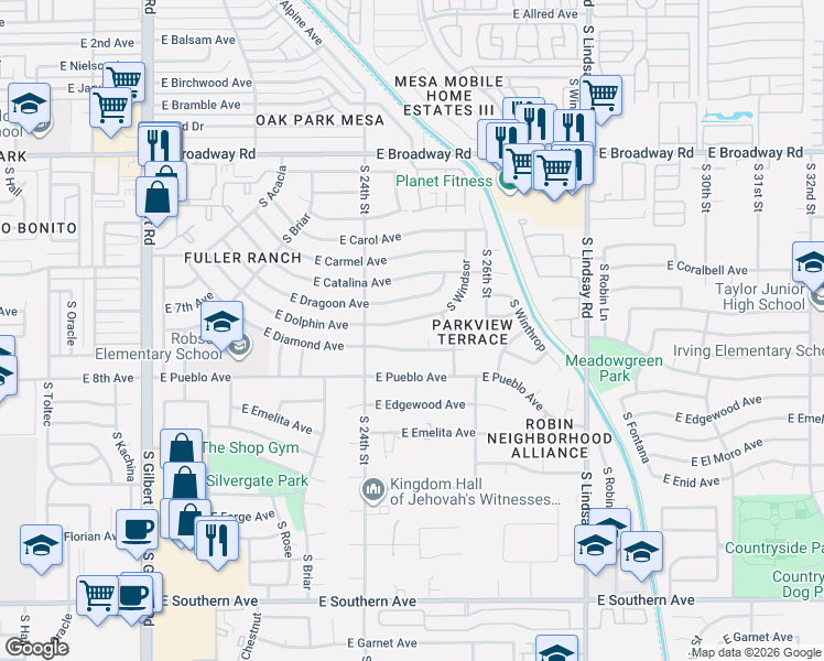 map of restaurants, bars, coffee shops, grocery stores, and more near 2442 East Diamond Avenue in Mesa
