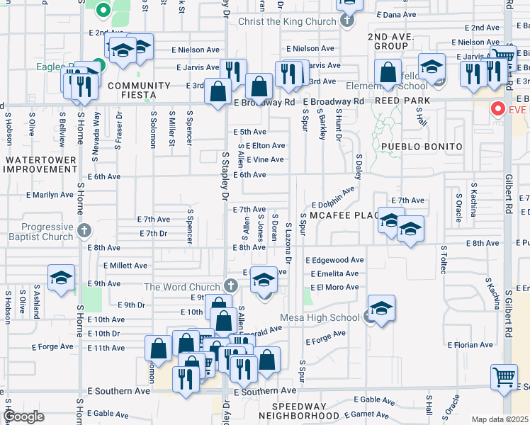 map of restaurants, bars, coffee shops, grocery stores, and more near 718 South Doran in Mesa