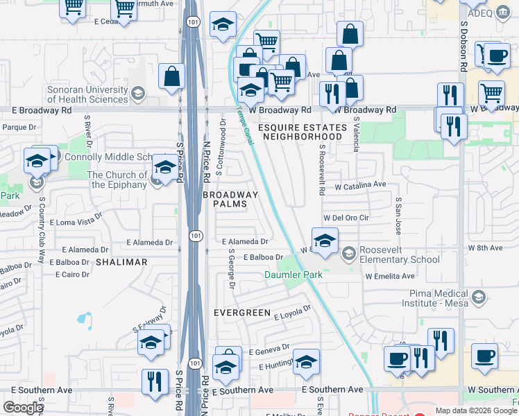 map of restaurants, bars, coffee shops, grocery stores, and more near 2529 South Evergreen Road in Tempe