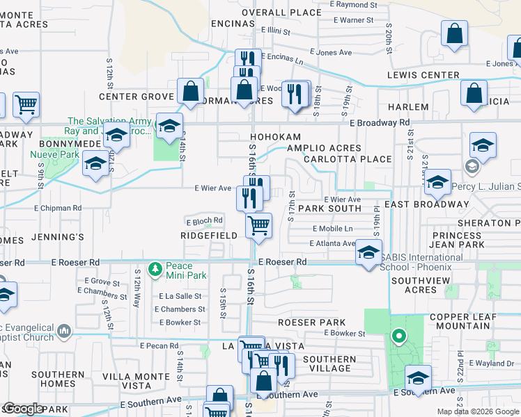 map of restaurants, bars, coffee shops, grocery stores, and more near 4835 South 16th Street in Phoenix