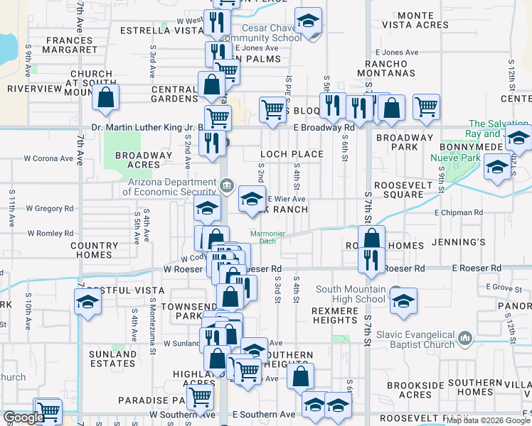 map of restaurants, bars, coffee shops, grocery stores, and more near 4819 South 2nd Street in Phoenix