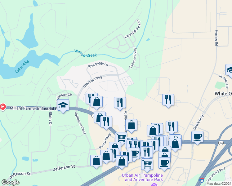 map of restaurants, bars, coffee shops, grocery stores, and more near 1301 Commonwealth Circle in Newnan