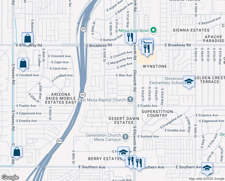 map of restaurants, bars, coffee shops, grocery stores, and more near 652 South Ellsworth Road in Mesa
