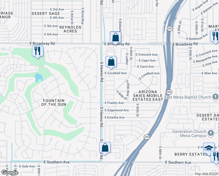 map of restaurants, bars, coffee shops, grocery stores, and more near 656 South 86th Street in Mesa