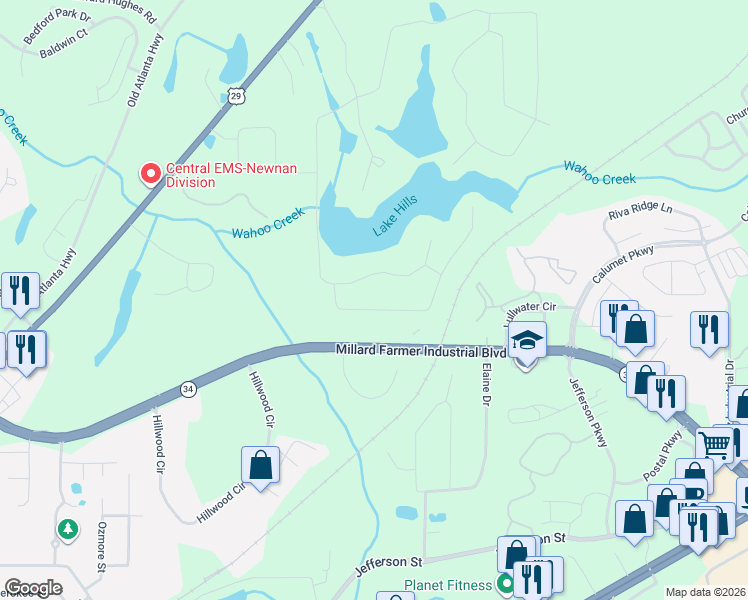 map of restaurants, bars, coffee shops, grocery stores, and more near 8 Hawthorne Drive in Newnan