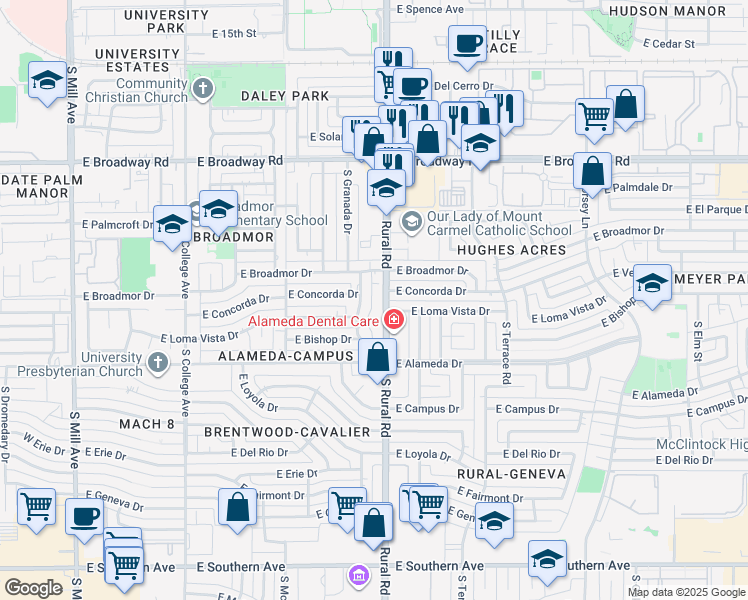 map of restaurants, bars, coffee shops, grocery stores, and more near 2417 South Palm Drive in Tempe