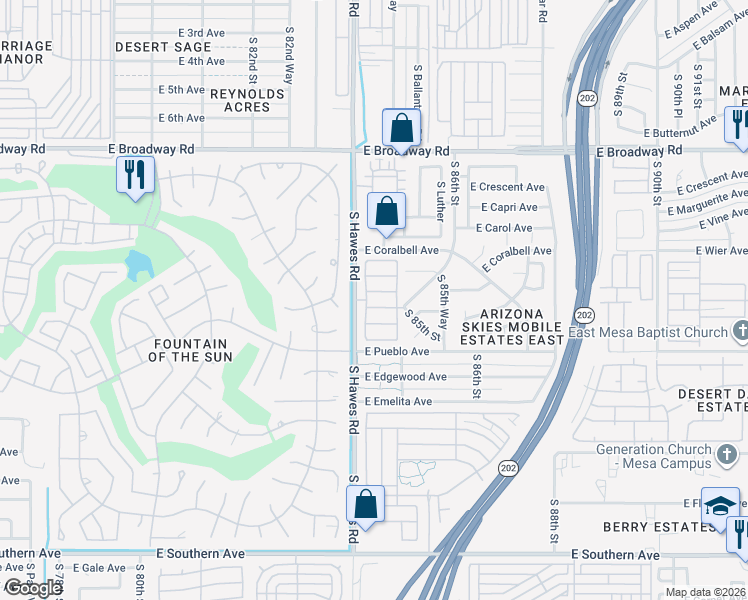 map of restaurants, bars, coffee shops, grocery stores, and more near 656 South 86th Street in Mesa