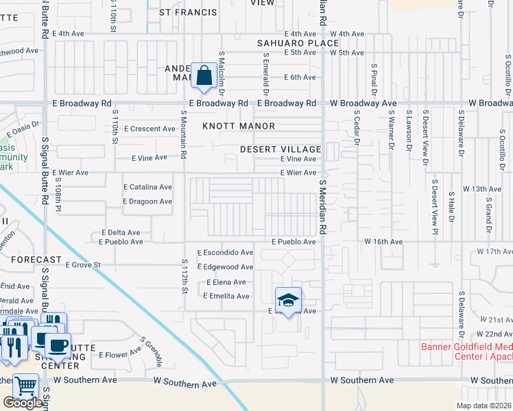 map of restaurants, bars, coffee shops, grocery stores, and more near 702 South Meridian Road in Mesa
