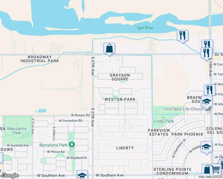 map of restaurants, bars, coffee shops, grocery stores, and more near 2539 West Spencer Run in Phoenix