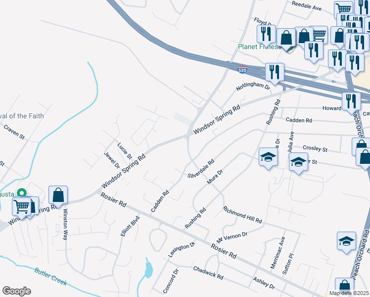 map of restaurants, bars, coffee shops, grocery stores, and more near 3405 Richmond Hill Road in Augusta