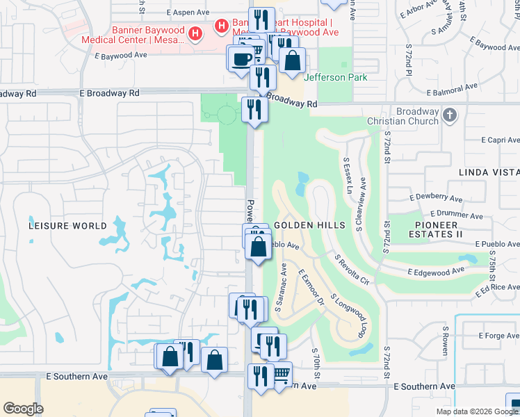 map of restaurants, bars, coffee shops, grocery stores, and more near 709 South Power Road in Mesa