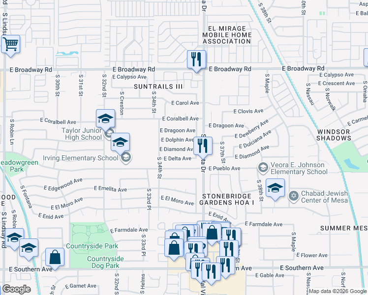 map of restaurants, bars, coffee shops, grocery stores, and more near 3456 East Delta Avenue in Mesa