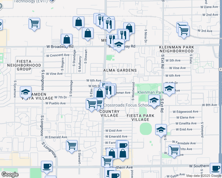 map of restaurants, bars, coffee shops, grocery stores, and more near 1155 West Drummer Avenue in Mesa