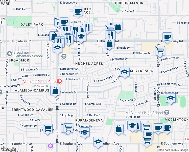 map of restaurants, bars, coffee shops, grocery stores, and more near 1212 East Loma Vista Drive in Tempe