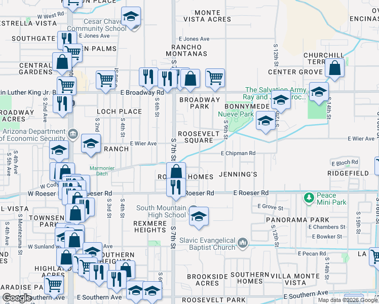 map of restaurants, bars, coffee shops, grocery stores, and more near 734 East Mobile Lane in Phoenix
