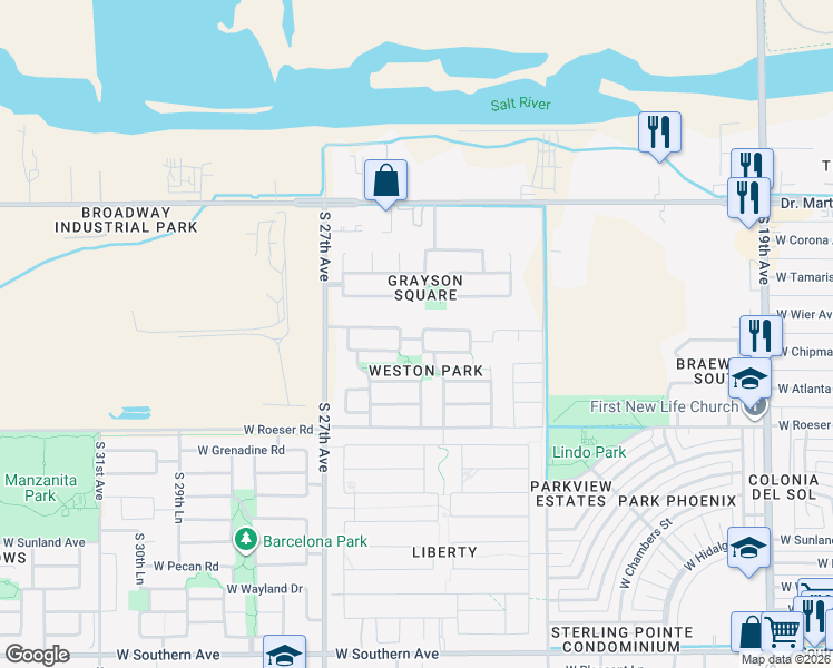 map of restaurants, bars, coffee shops, grocery stores, and more near 4820 South 25th Drive in Phoenix
