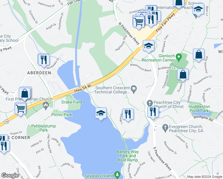 map of restaurants, bars, coffee shops, grocery stores, and more near 509 Waterwood Bend in Peachtree City