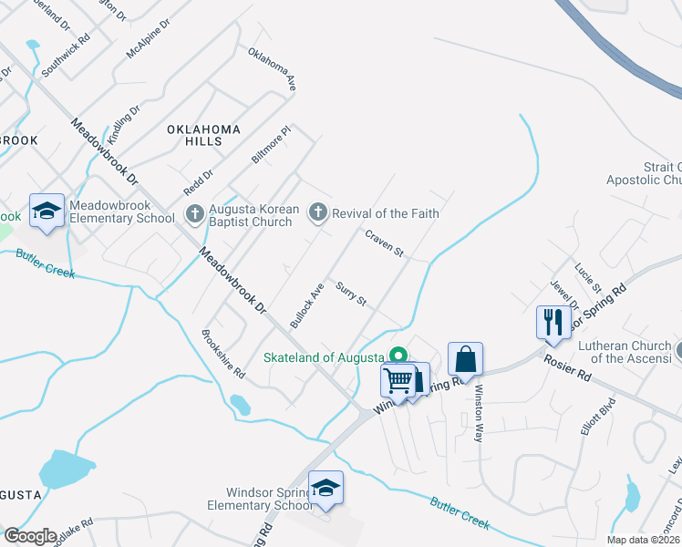 map of restaurants, bars, coffee shops, grocery stores, and more near 2533 Surry Street in Augusta