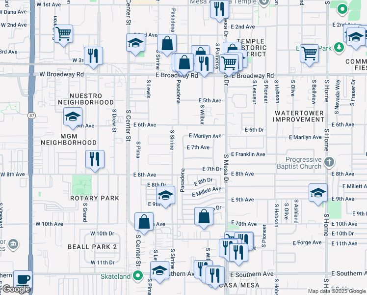 map of restaurants, bars, coffee shops, grocery stores, and more near East 7th Avenue in Mesa