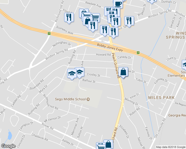 map of restaurants, bars, coffee shops, grocery stores, and more near 2137 Crosley Street in Augusta