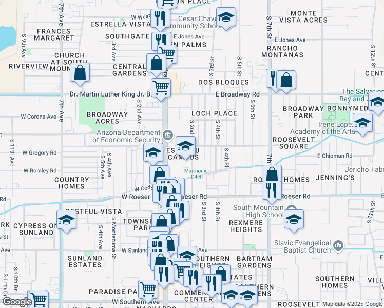 map of restaurants, bars, coffee shops, grocery stores, and more near 4848 South 2nd Street in Phoenix