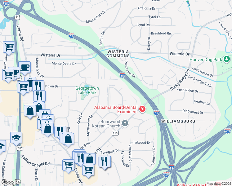 map of restaurants, bars, coffee shops, grocery stores, and more near 3241 Warringwood Drive in Birmingham