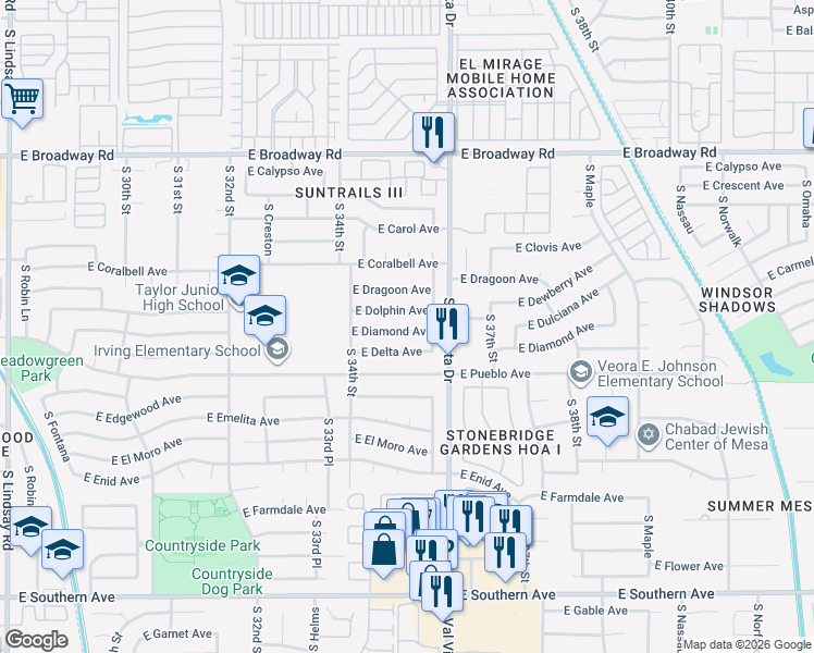 map of restaurants, bars, coffee shops, grocery stores, and more near 3456 East Delta Avenue in Mesa