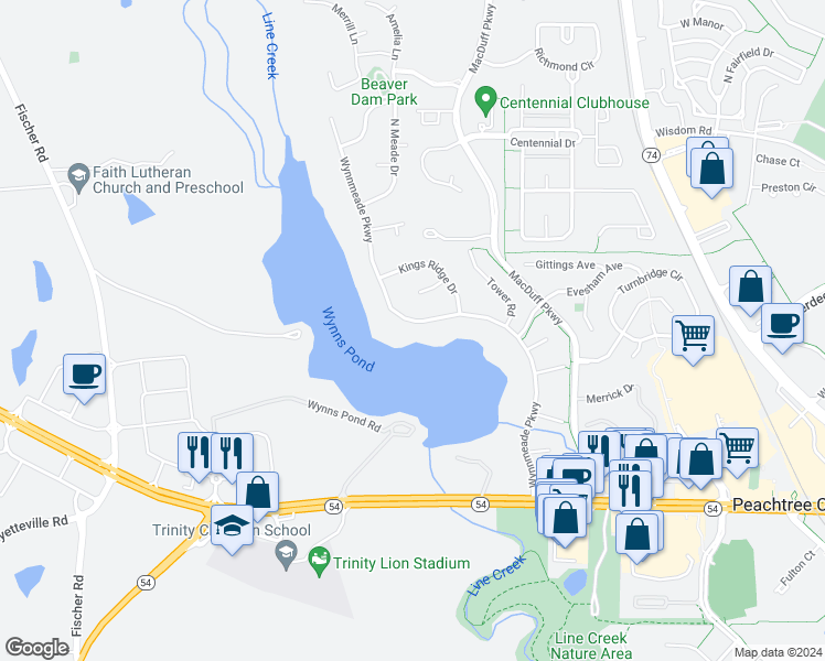 map of restaurants, bars, coffee shops, grocery stores, and more near 161 Wynnmeade Parkway in Peachtree City