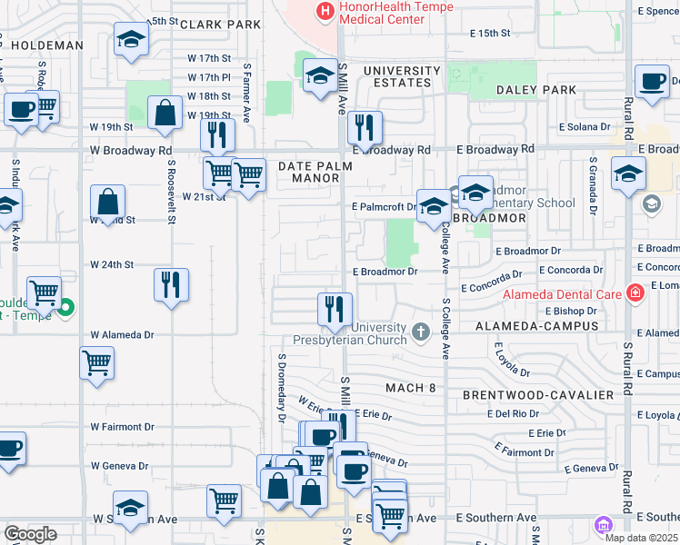 map of restaurants, bars, coffee shops, grocery stores, and more near 2440 South Mill Avenue in Tempe