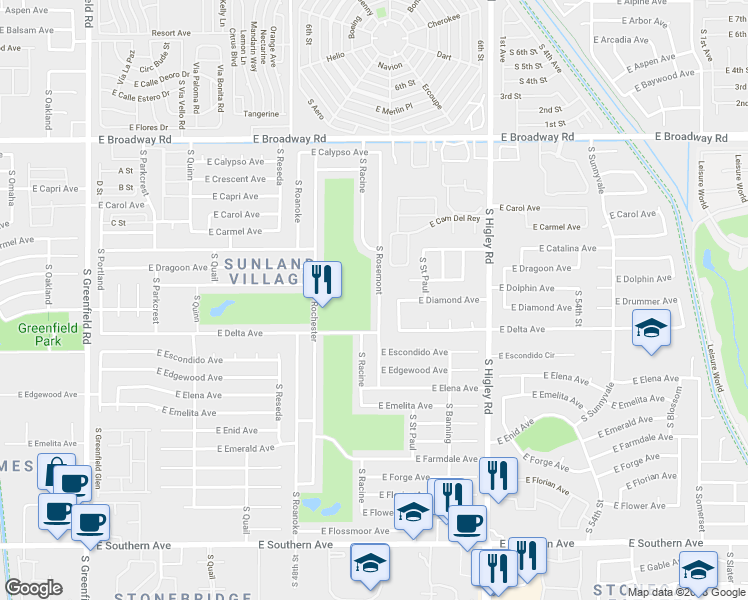 map of restaurants, bars, coffee shops, grocery stores, and more near 714 South Rosemont in Mesa
