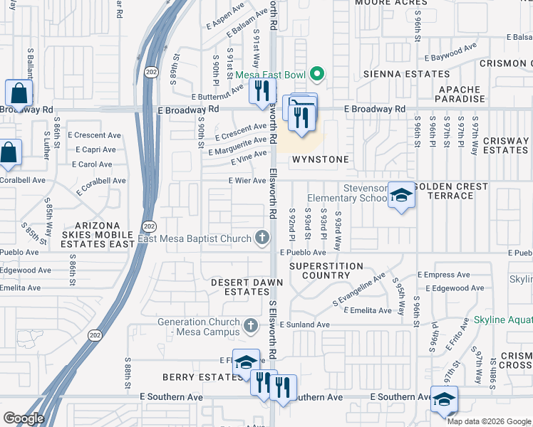 map of restaurants, bars, coffee shops, grocery stores, and more near 652 South Ellsworth Road in Mesa