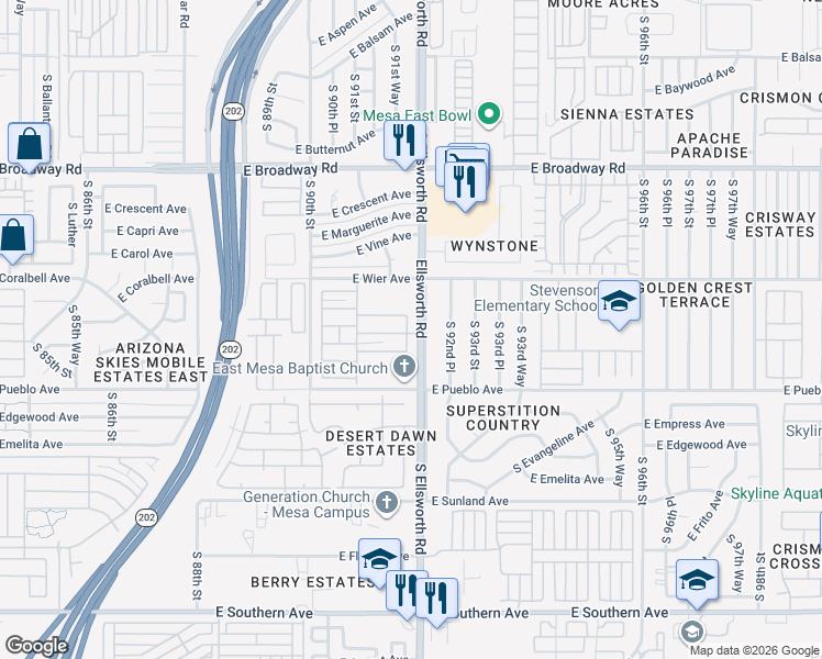 map of restaurants, bars, coffee shops, grocery stores, and more near 665 South 92nd Street in Mesa