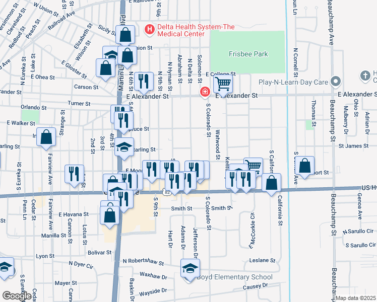 map of restaurants, bars, coffee shops, grocery stores, and more near 423 South Delta Street in Greenville