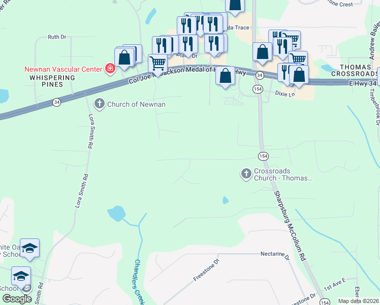 map of restaurants, bars, coffee shops, grocery stores, and more near 15 Treetop Lane in Newnan